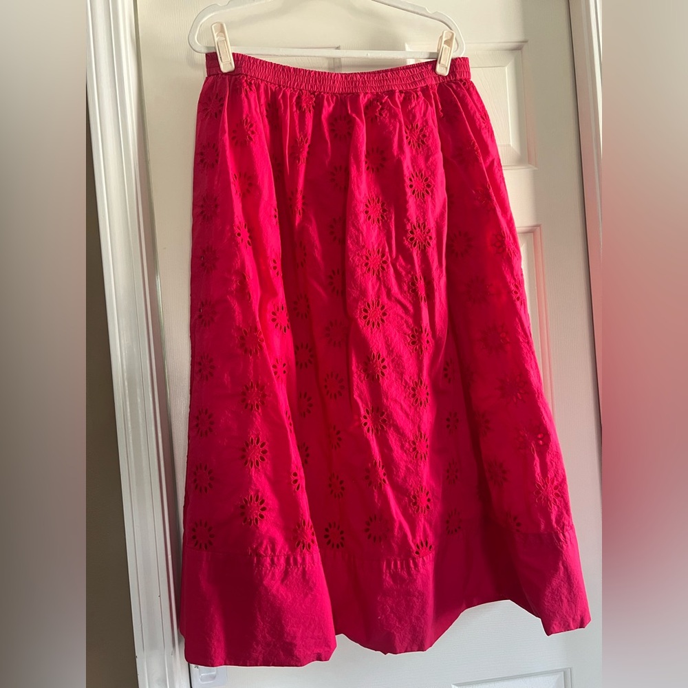 J. Crew Factory Pink A-Line Smocked Eyelet Midi Skirt
